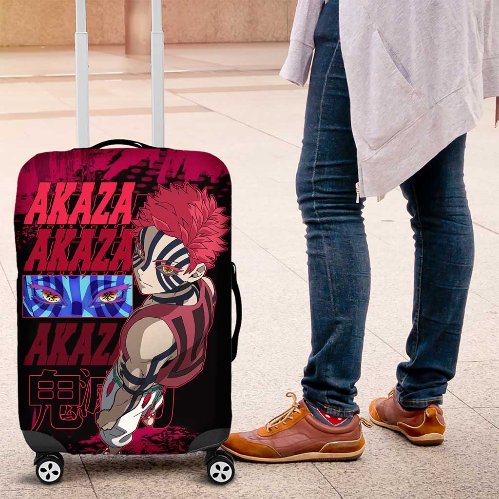Akaza Demon Slayer Intense Eyes Design Luggage Cover with Red and Black Grunge Aesthetic and Dynamic Pose - The Mazicc