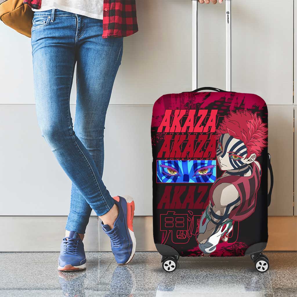 Akaza Demon Slayer Intense Eyes Design Luggage Cover with Red and Black Grunge Aesthetic and Dynamic Pose - The Mazicc