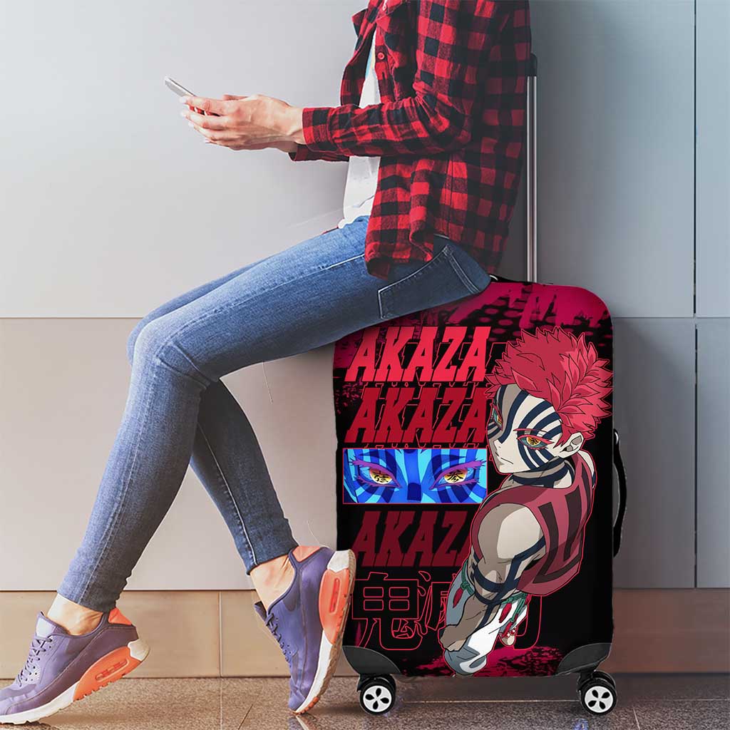 Akaza Demon Slayer Intense Eyes Design Luggage Cover with Red and Black Grunge Aesthetic and Dynamic Pose - The Mazicc