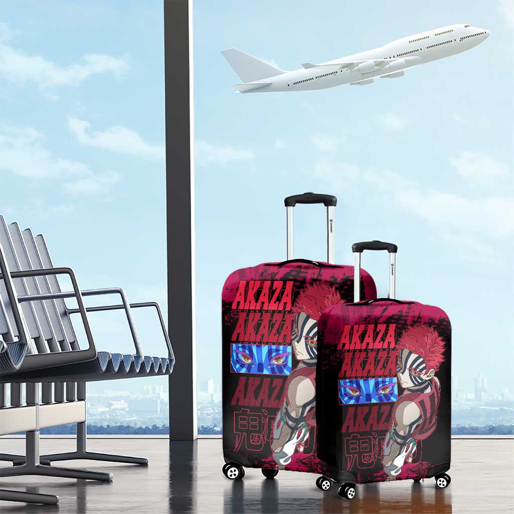 Akaza Demon Slayer Intense Eyes Design Luggage Cover with Red and Black Grunge Aesthetic and Dynamic Pose - The Mazicc
