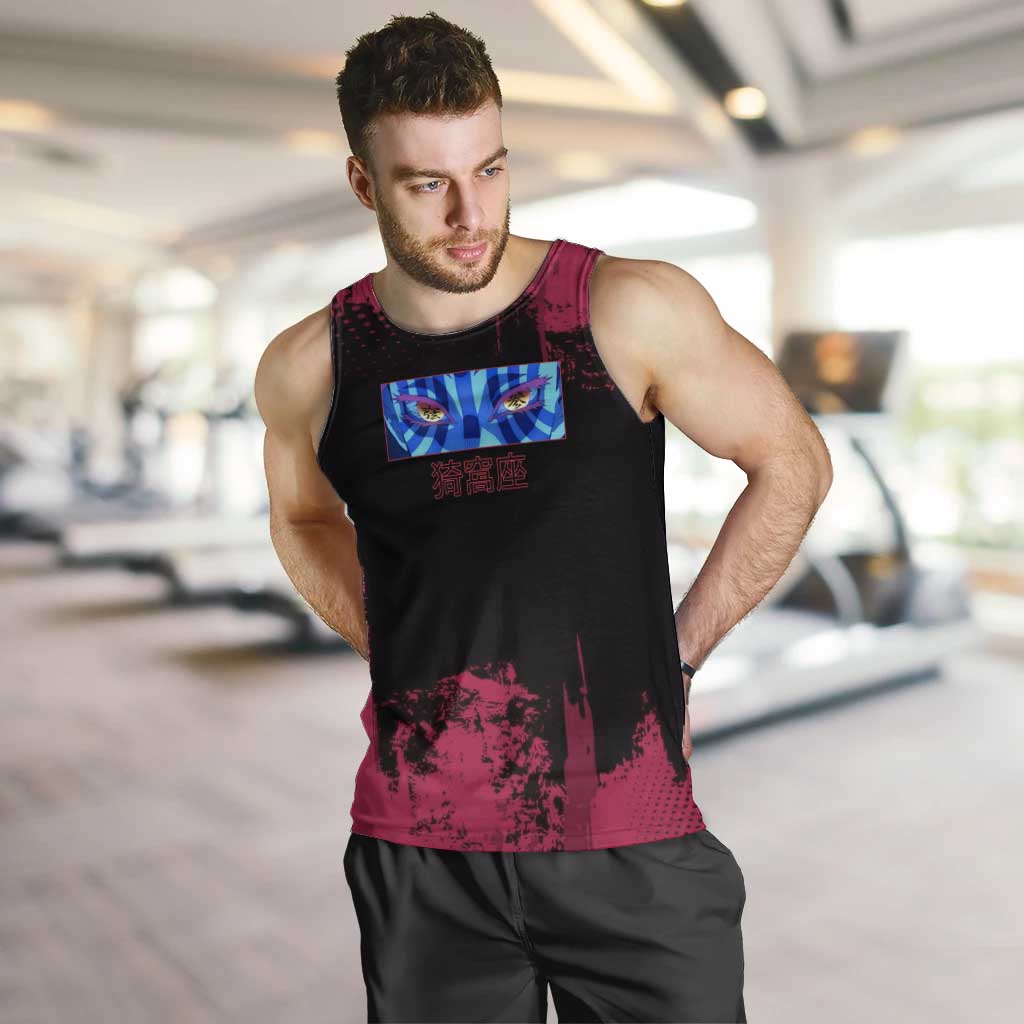 Akaza Demon Slayer Intense Eyes Design Men Tank Top with Red and Black Grunge Aesthetic and Dynamic Pose - The Mazicc