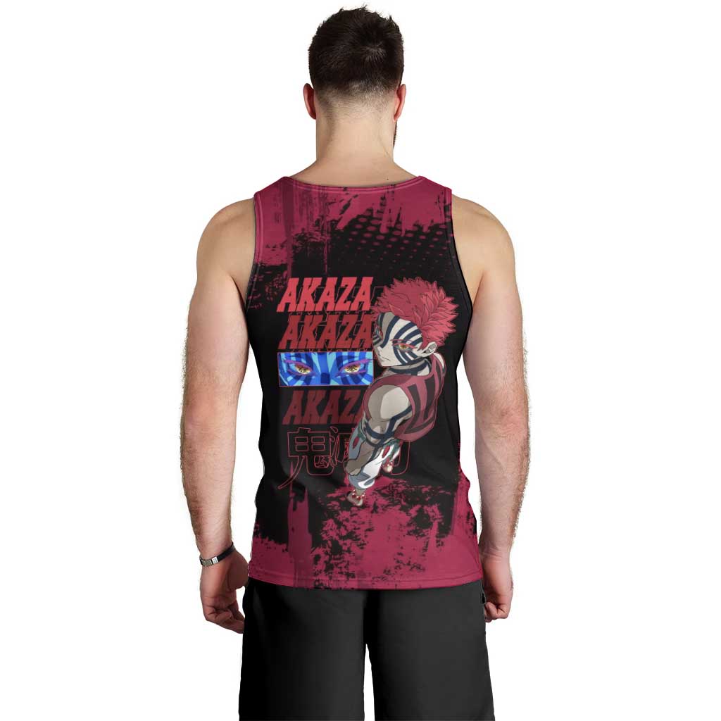 Akaza Demon Slayer Intense Eyes Design Men Tank Top with Red and Black Grunge Aesthetic and Dynamic Pose - The Mazicc