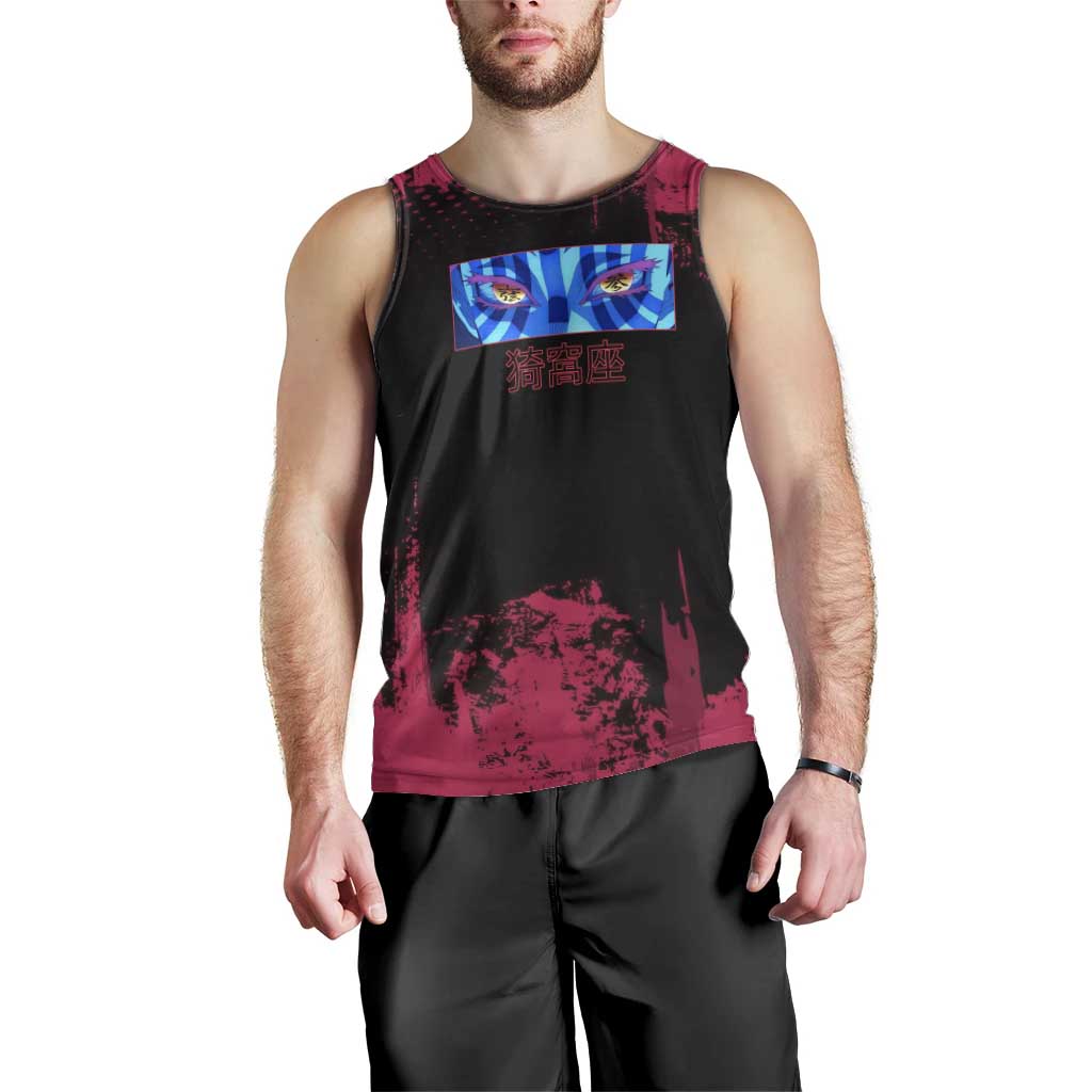 Akaza Demon Slayer Intense Eyes Design Men Tank Top with Red and Black Grunge Aesthetic and Dynamic Pose - The Mazicc