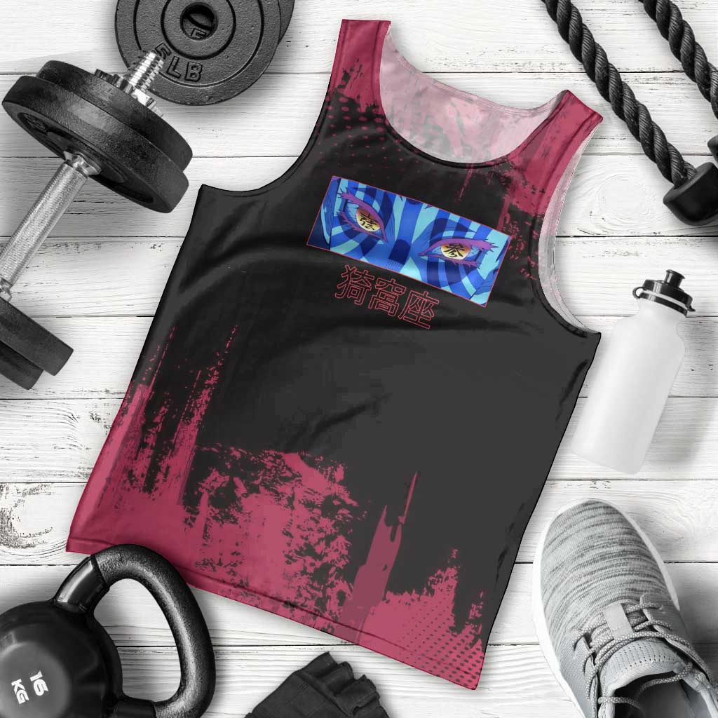 Akaza Demon Slayer Intense Eyes Design Men Tank Top with Red and Black Grunge Aesthetic and Dynamic Pose - The Mazicc