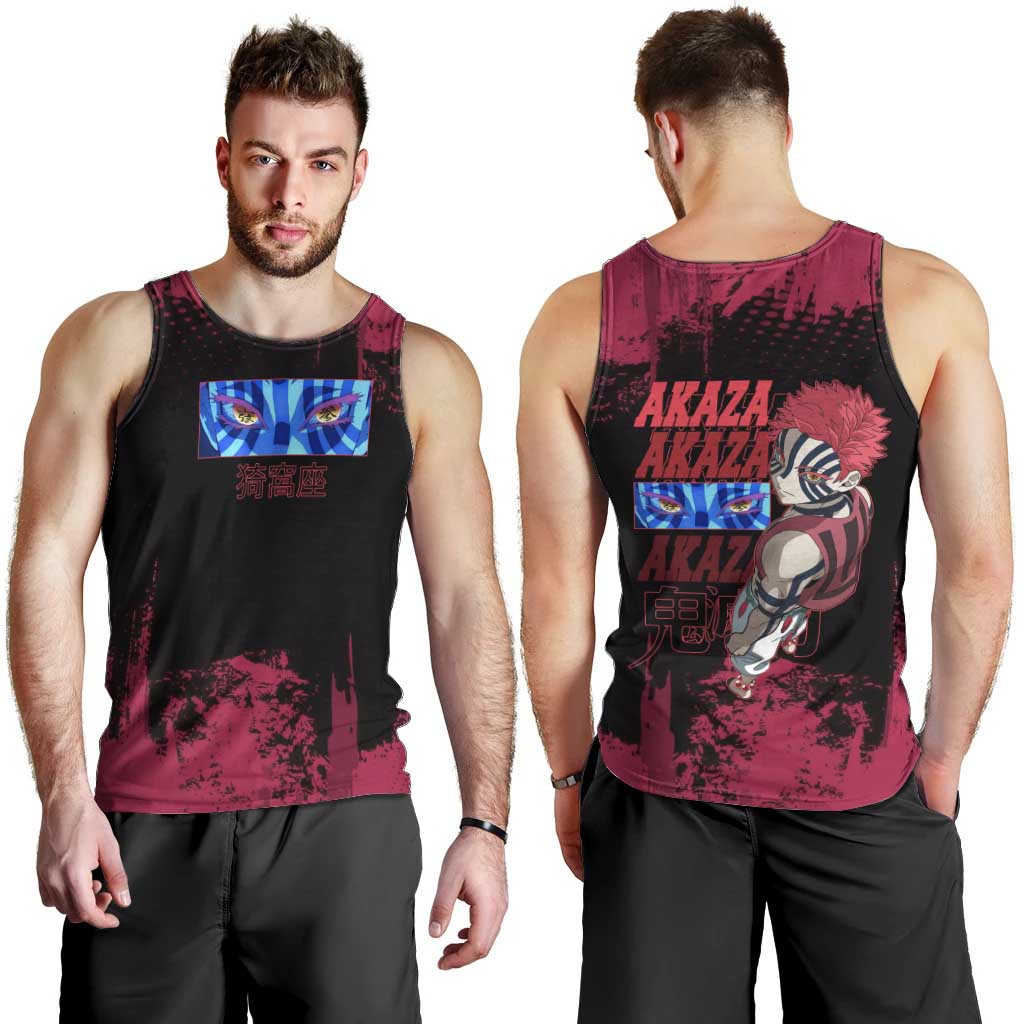 Akaza Demon Slayer Intense Eyes Design Men Tank Top with Red and Black Grunge Aesthetic and Dynamic Pose - The Mazicc
