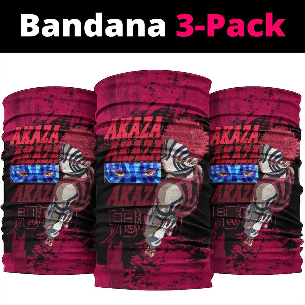 Akaza Demon Slayer Intense Eyes Design Neck Gaiter with Red and Black Grunge Aesthetic and Dynamic Pose - The Mazicc
