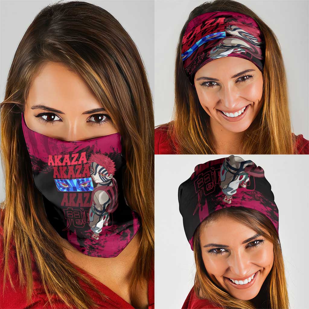 Akaza Demon Slayer Intense Eyes Design Neck Gaiter with Red and Black Grunge Aesthetic and Dynamic Pose - The Mazicc
