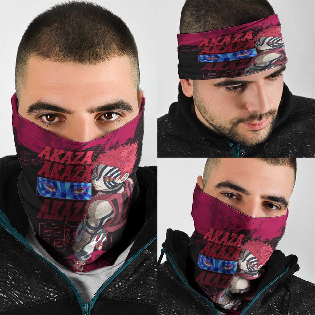 Akaza Demon Slayer Intense Eyes Design Neck Gaiter with Red and Black Grunge Aesthetic and Dynamic Pose - The Mazicc