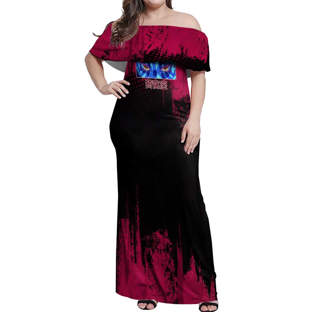 Akaza Demon Slayer Intense Eyes Design Off Shoulder Maxi Dress with Red and Black Grunge Aesthetic and Dynamic Pose - The Mazicc