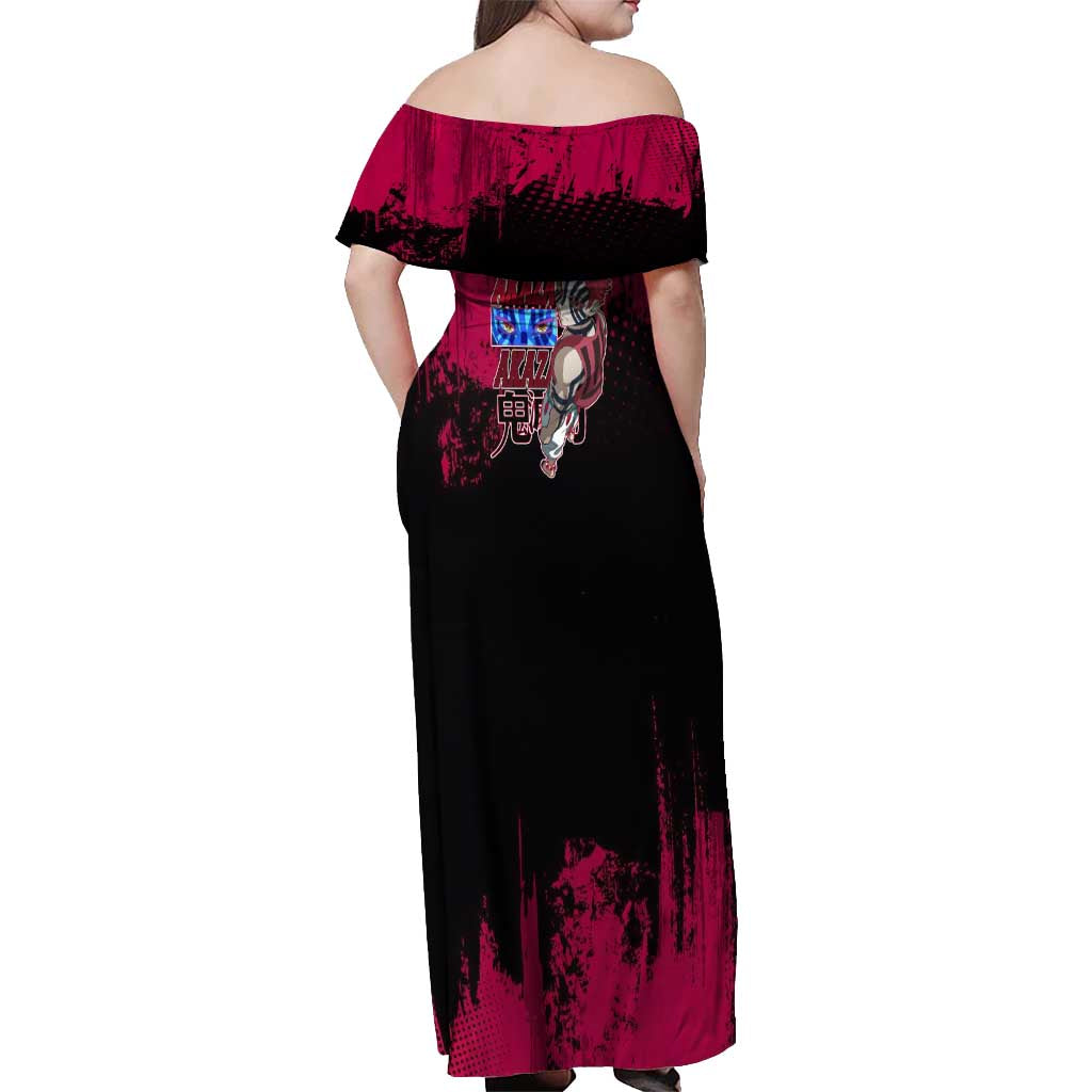 Akaza Demon Slayer Intense Eyes Design Off Shoulder Maxi Dress with Red and Black Grunge Aesthetic and Dynamic Pose - The Mazicc