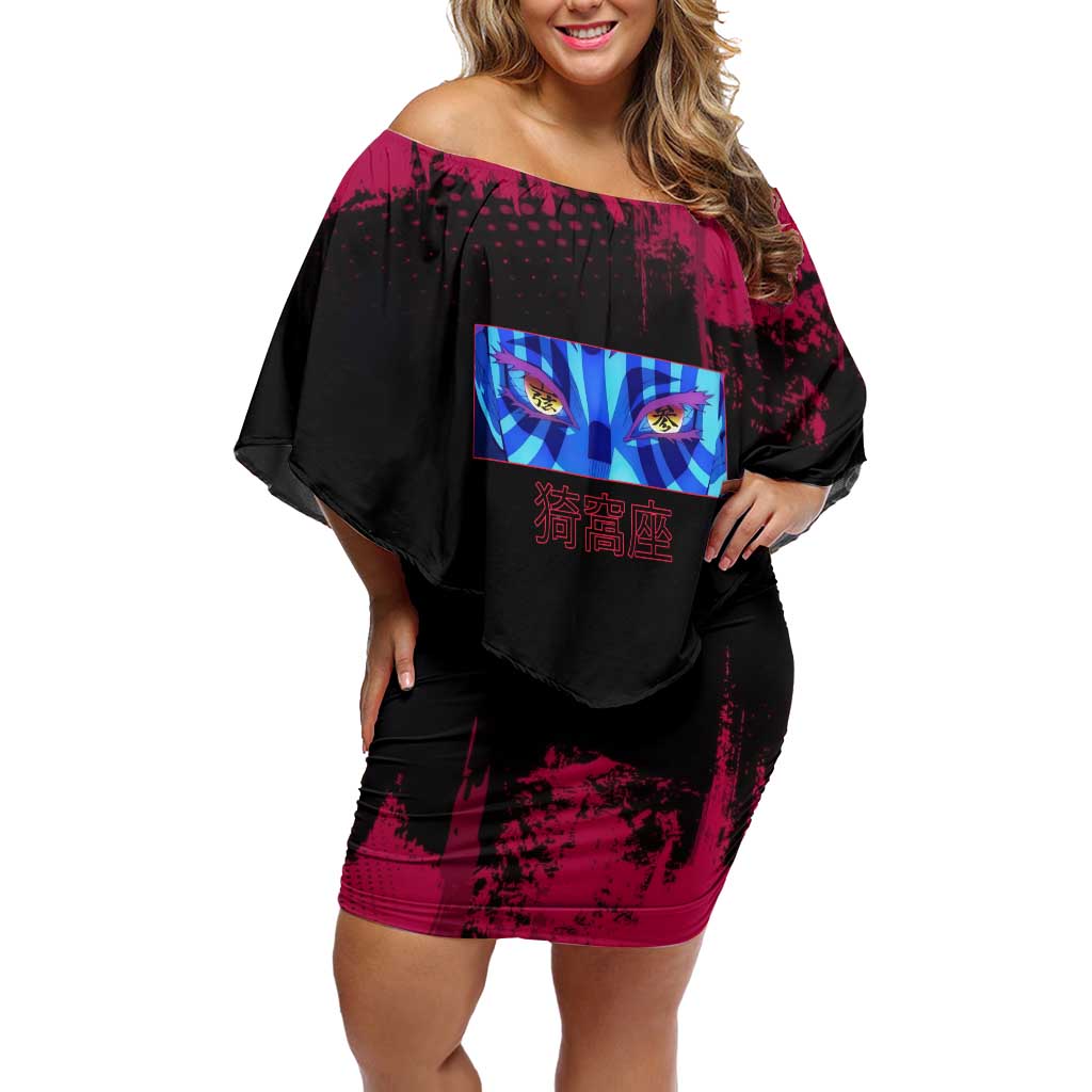 Akaza Demon Slayer Intense Eyes Design Off Shoulder Short Dress with Red and Black Grunge Aesthetic and Dynamic Pose - The Mazicc