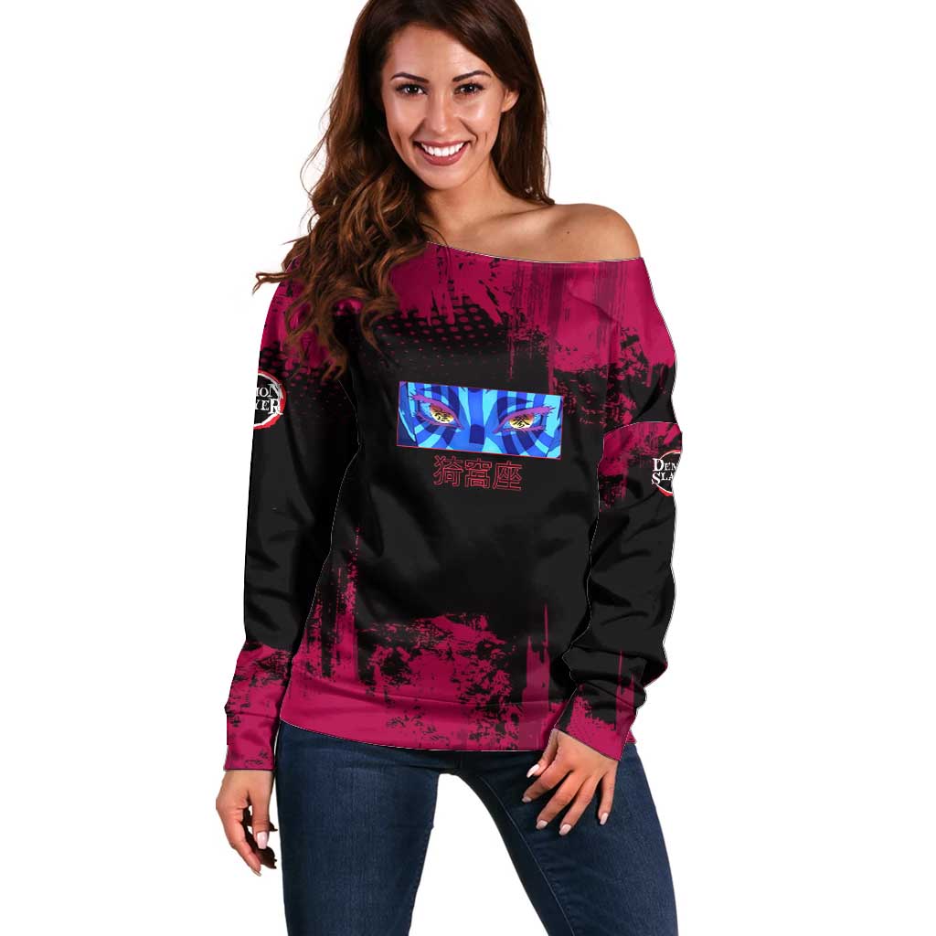 Akaza Demon Slayer Intense Eyes Design Off Shoulder Sweater with Red and Black Grunge Aesthetic and Dynamic Pose - The Mazicc