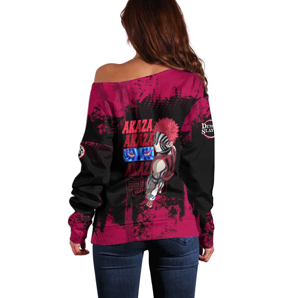 Akaza Demon Slayer Intense Eyes Design Off Shoulder Sweater with Red and Black Grunge Aesthetic and Dynamic Pose - The Mazicc