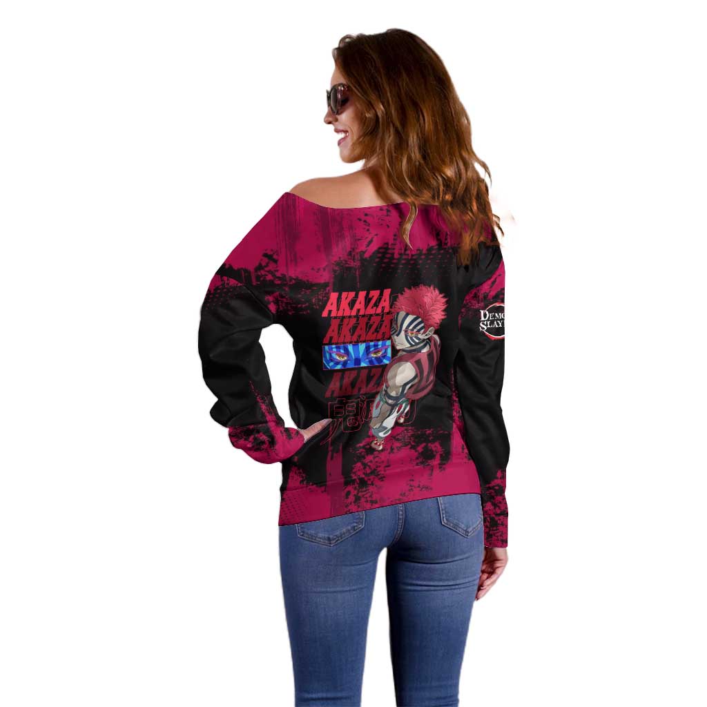 Akaza Demon Slayer Intense Eyes Design Off Shoulder Sweater with Red and Black Grunge Aesthetic and Dynamic Pose - The Mazicc