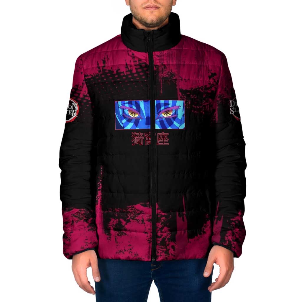 Akaza Demon Slayer Intense Eyes Design Padded Jacket with Red and Black Grunge Aesthetic and Dynamic Pose - The Mazicc