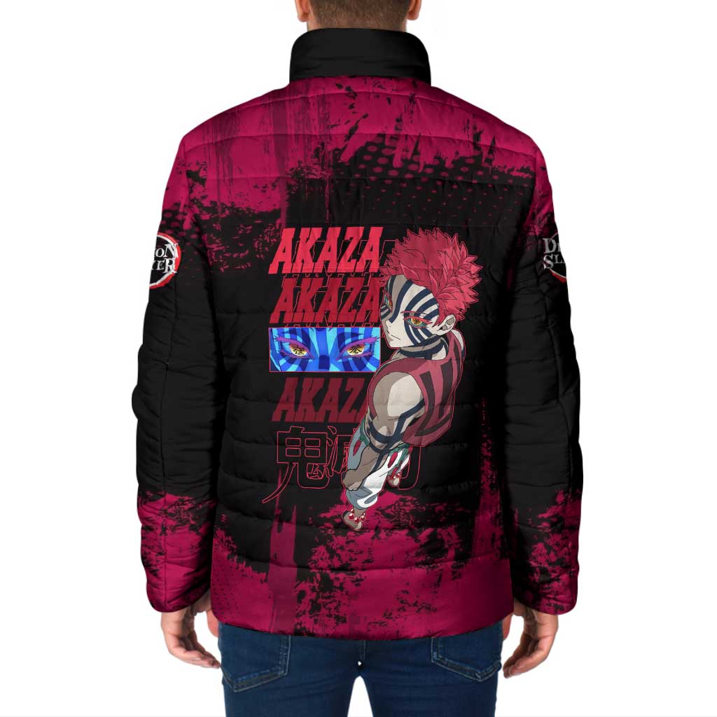 Akaza Demon Slayer Intense Eyes Design Padded Jacket with Red and Black Grunge Aesthetic and Dynamic Pose - The Mazicc
