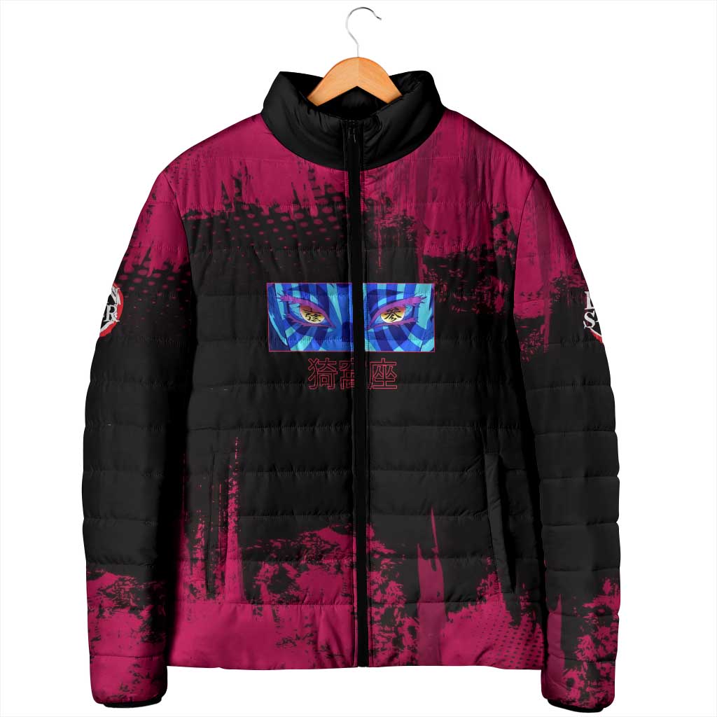 Akaza Demon Slayer Intense Eyes Design Padded Jacket with Red and Black Grunge Aesthetic and Dynamic Pose - The Mazicc