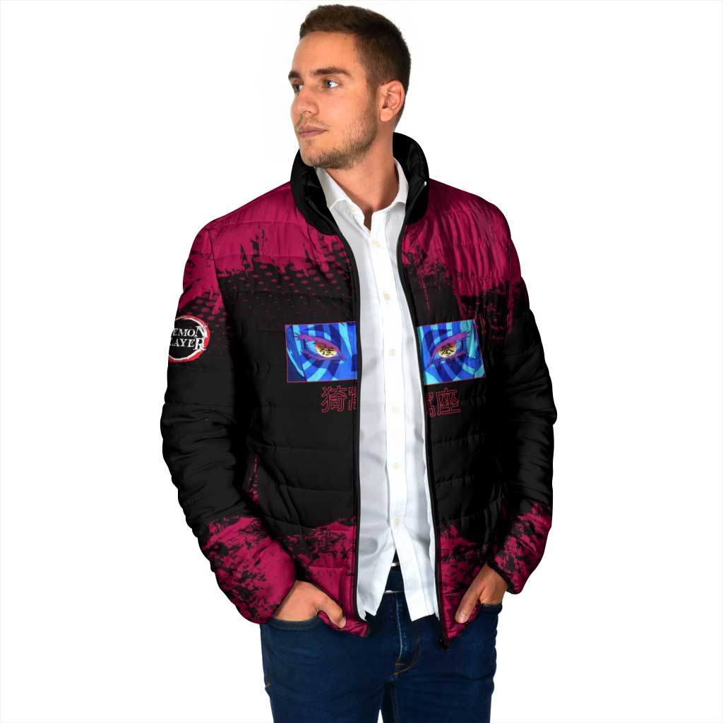 Akaza Demon Slayer Intense Eyes Design Padded Jacket with Red and Black Grunge Aesthetic and Dynamic Pose - The Mazicc