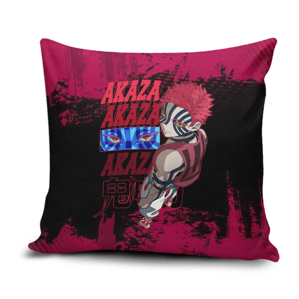 Akaza Demon Slayer Intense Eyes Design Pillow Cover with Red and Black Grunge Aesthetic and Dynamic Pose - The Mazicc