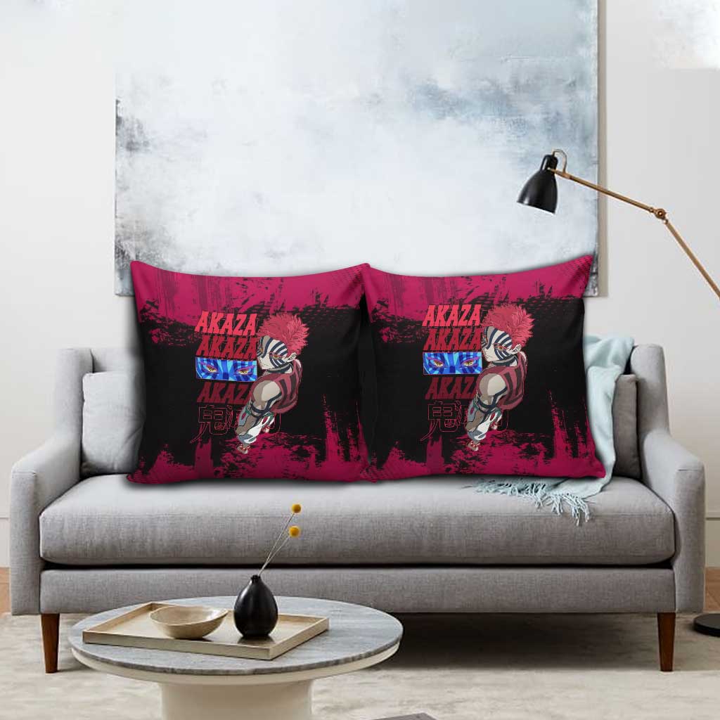 Akaza Demon Slayer Intense Eyes Design Pillow Cover with Red and Black Grunge Aesthetic and Dynamic Pose - The Mazicc