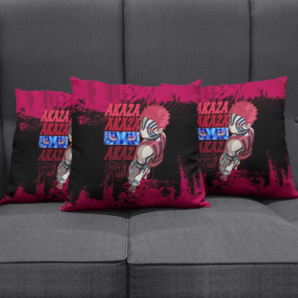Akaza Demon Slayer Intense Eyes Design Pillow Cover with Red and Black Grunge Aesthetic and Dynamic Pose - The Mazicc