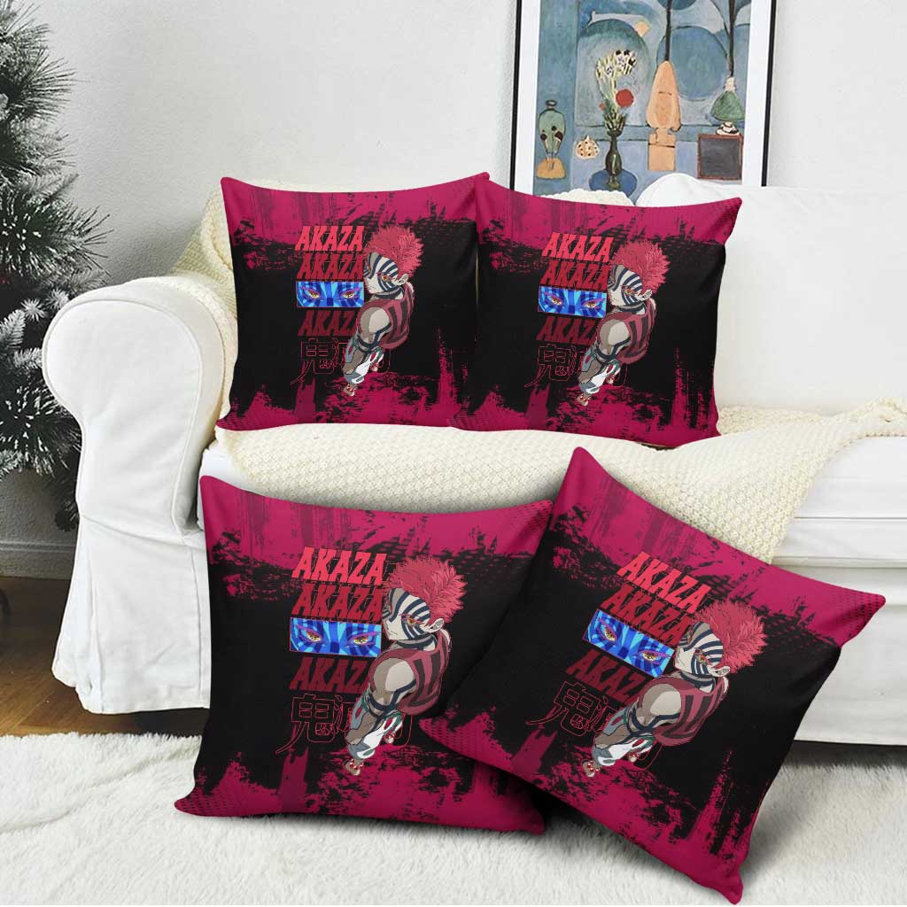 Akaza Demon Slayer Intense Eyes Design Pillow Cover with Red and Black Grunge Aesthetic and Dynamic Pose - The Mazicc