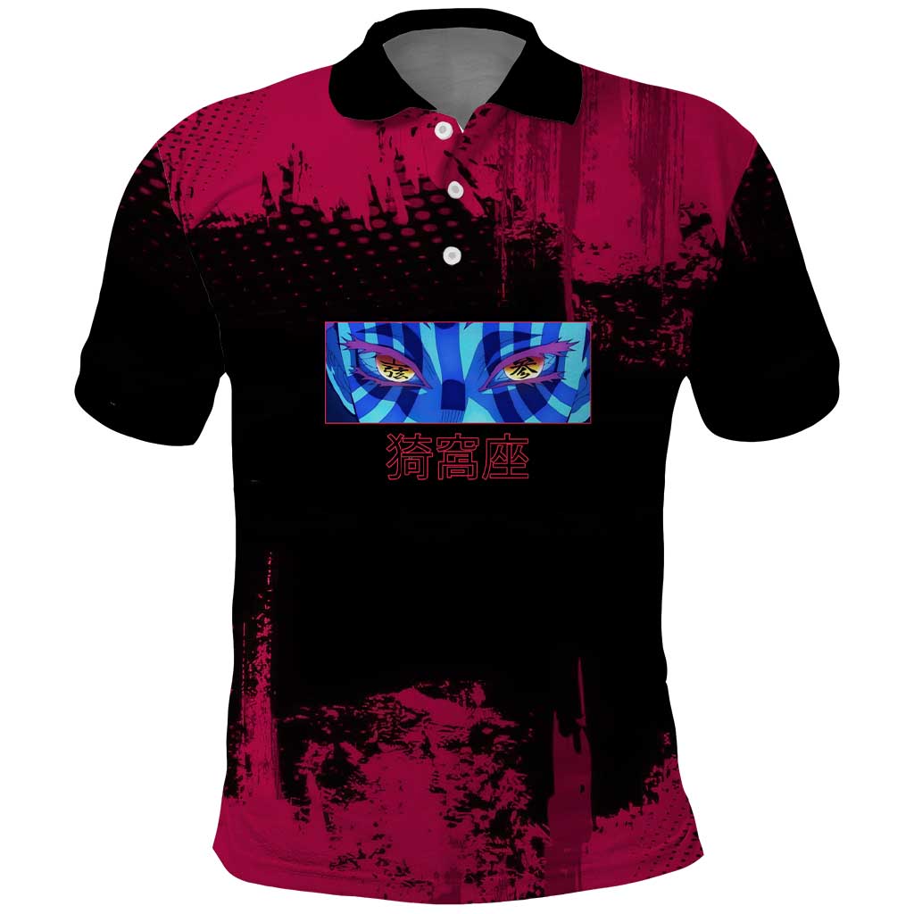 Akaza Demon Slayer Intense Eyes Design Polo Shirt with Red and Black Grunge Aesthetic and Dynamic Pose - The Mazicc