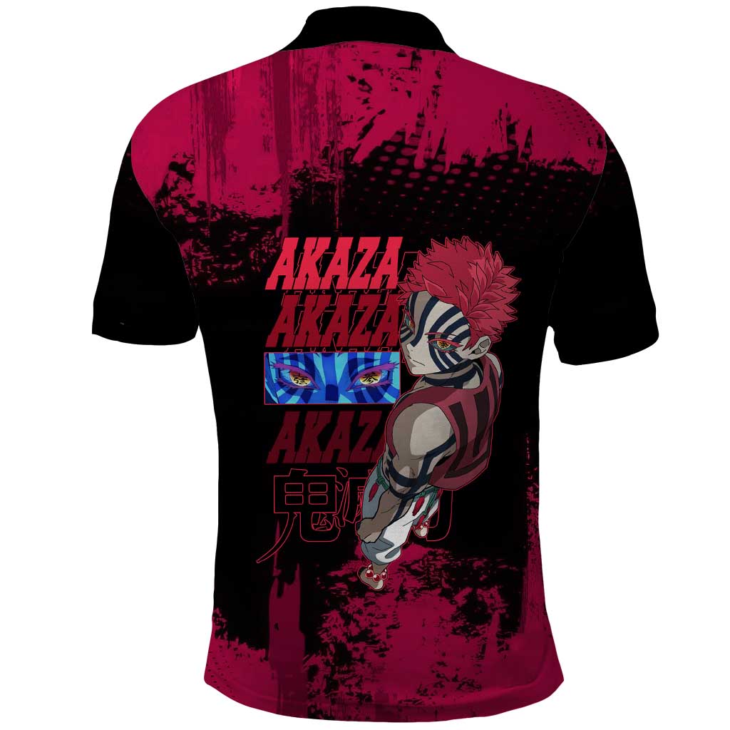 Akaza Demon Slayer Intense Eyes Design Polo Shirt with Red and Black Grunge Aesthetic and Dynamic Pose - The Mazicc