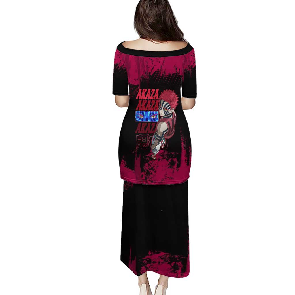 Akaza Demon Slayer Intense Eyes Design Puletasi with Red and Black Grunge Aesthetic and Dynamic Pose - The Mazicc