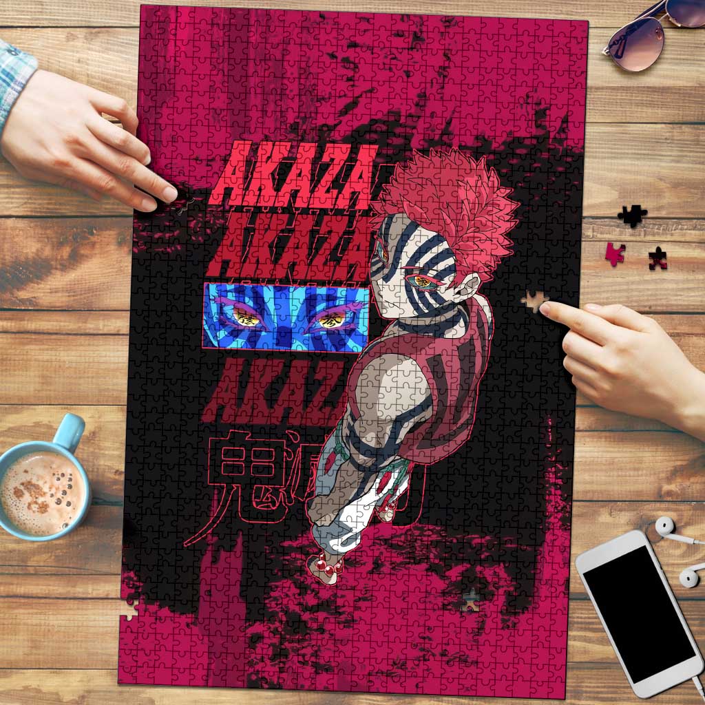 Akaza Demon Slayer Intense Eyes Design Puzzle with Red and Black Grunge Aesthetic and Dynamic Pose - The Mazicc