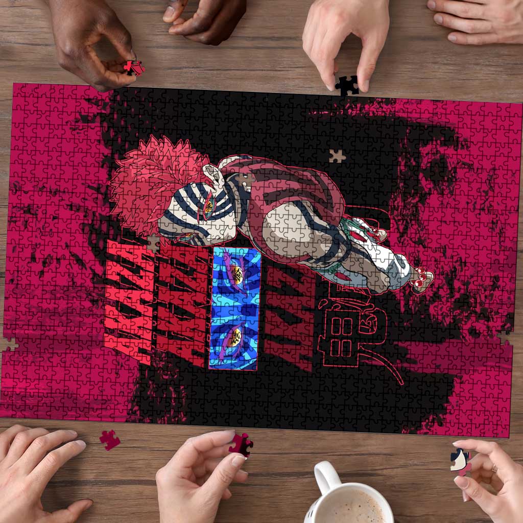 Akaza Demon Slayer Intense Eyes Design Puzzle with Red and Black Grunge Aesthetic and Dynamic Pose - The Mazicc