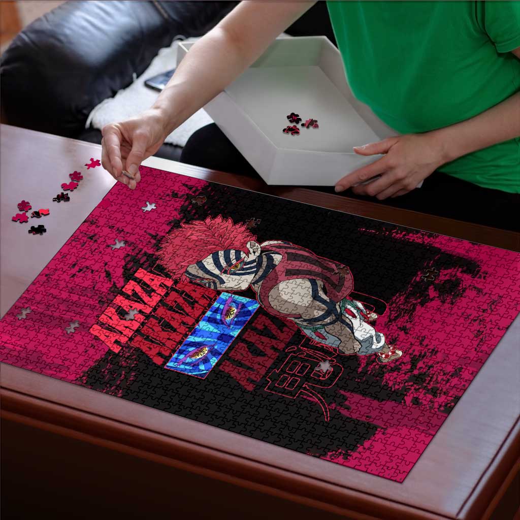 Akaza Demon Slayer Intense Eyes Design Puzzle with Red and Black Grunge Aesthetic and Dynamic Pose - The Mazicc