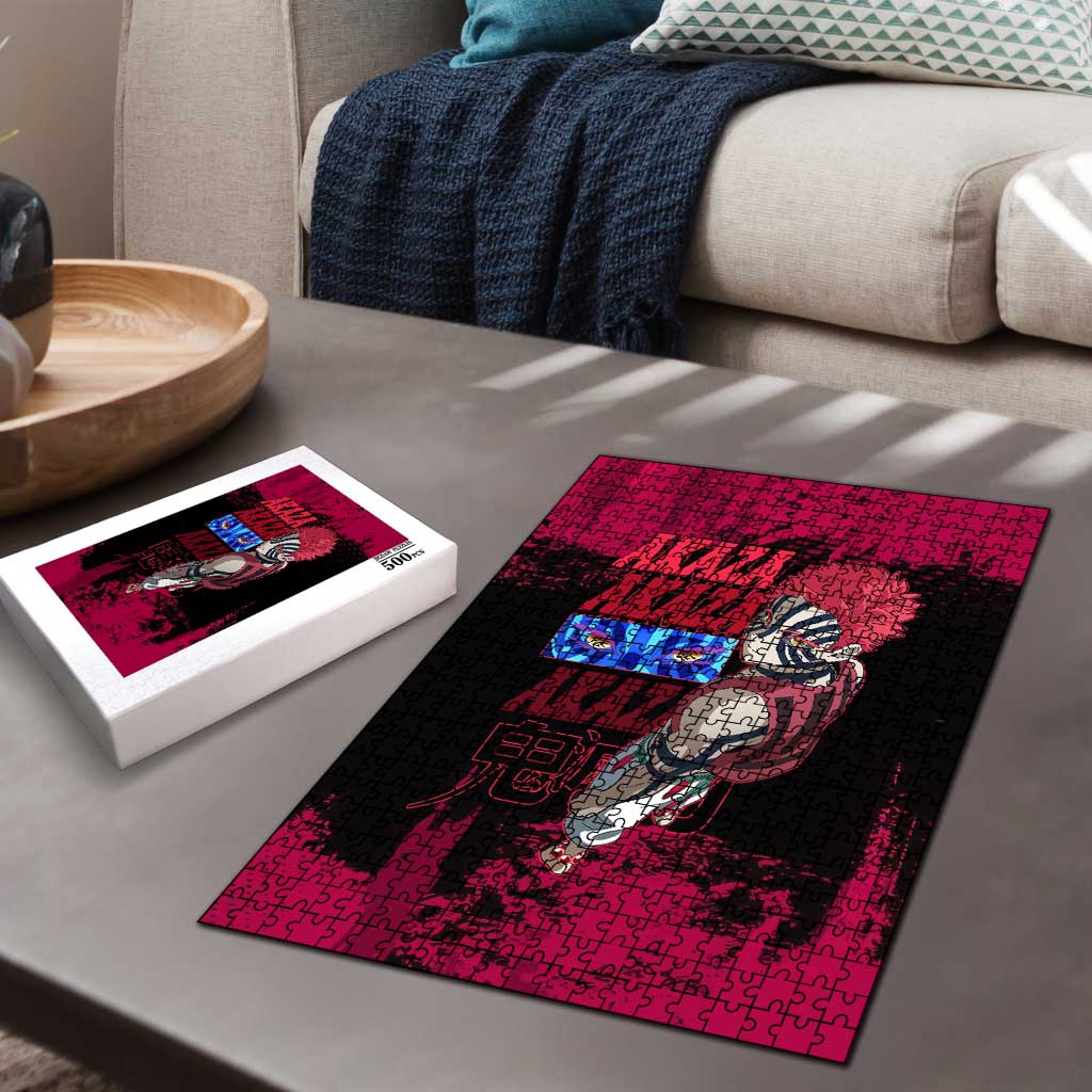 Akaza Demon Slayer Intense Eyes Design Puzzle with Red and Black Grunge Aesthetic and Dynamic Pose - The Mazicc