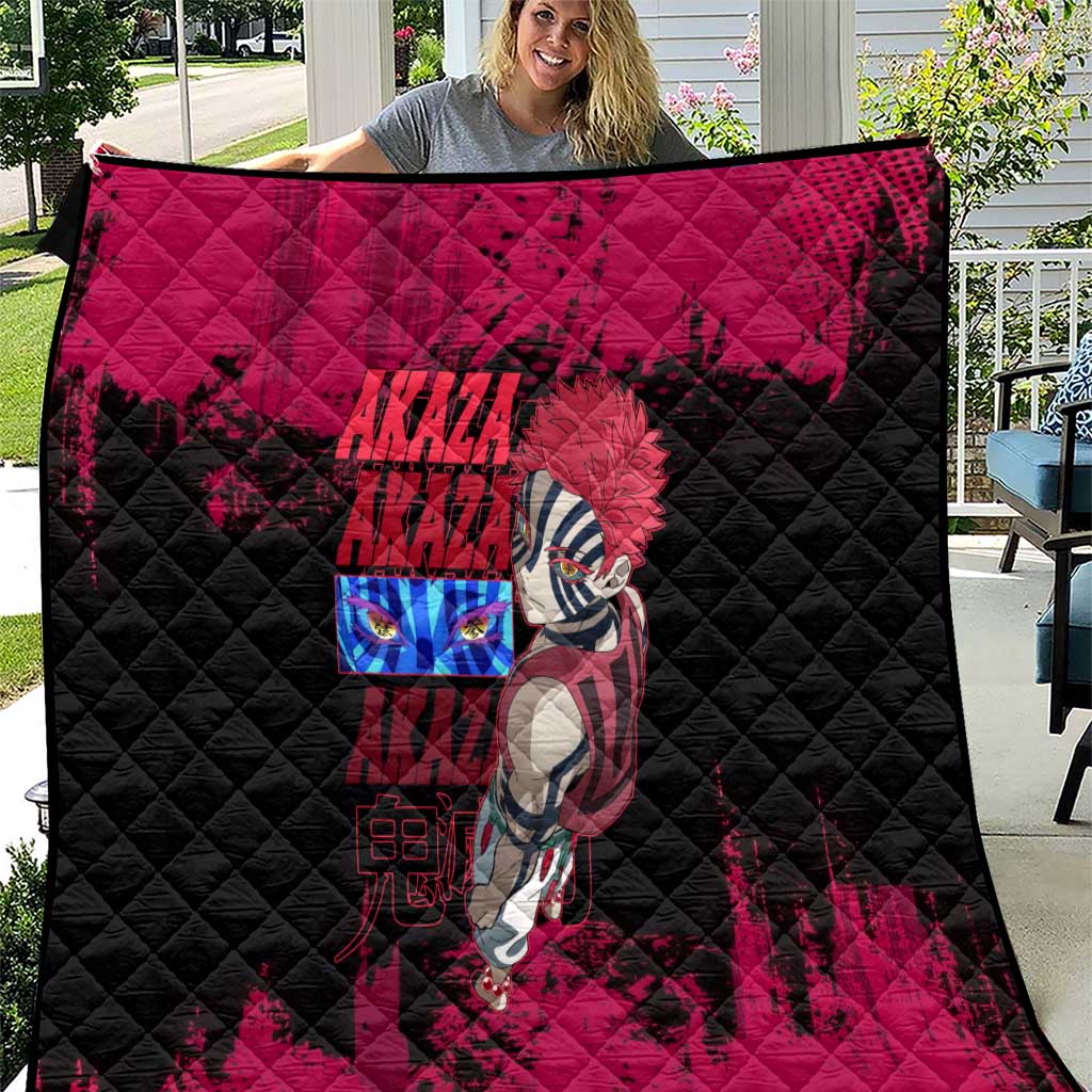 Akaza Demon Slayer Intense Eyes Design Quilt with Red and Black Grunge Aesthetic and Dynamic Pose - The Mazicc