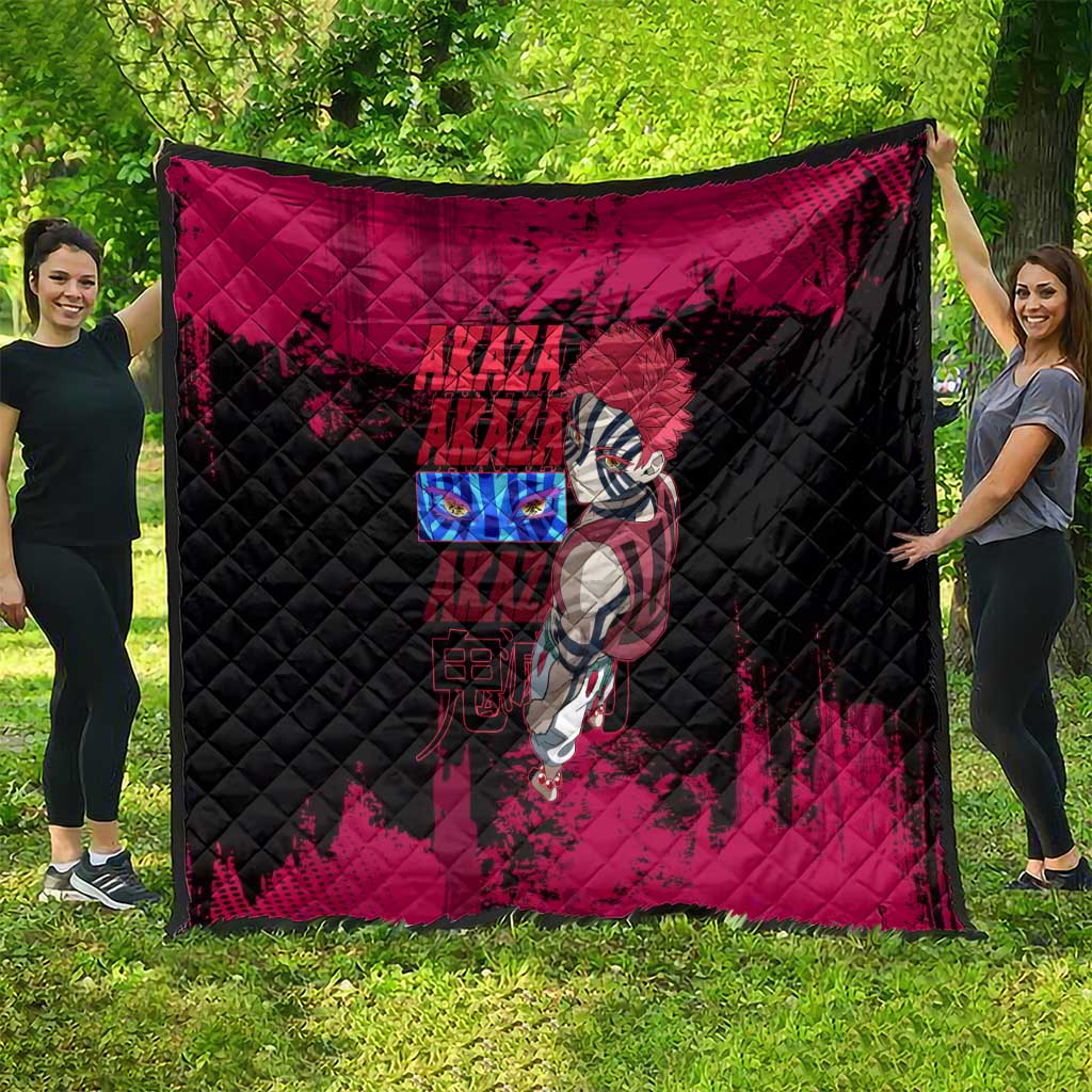 Akaza Demon Slayer Intense Eyes Design Quilt with Red and Black Grunge Aesthetic and Dynamic Pose - The Mazicc