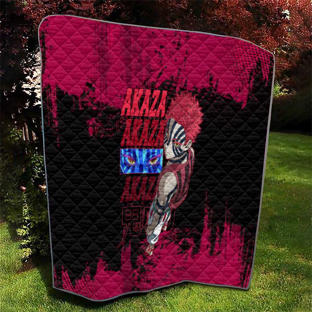 Akaza Demon Slayer Intense Eyes Design Quilt with Red and Black Grunge Aesthetic and Dynamic Pose - The Mazicc