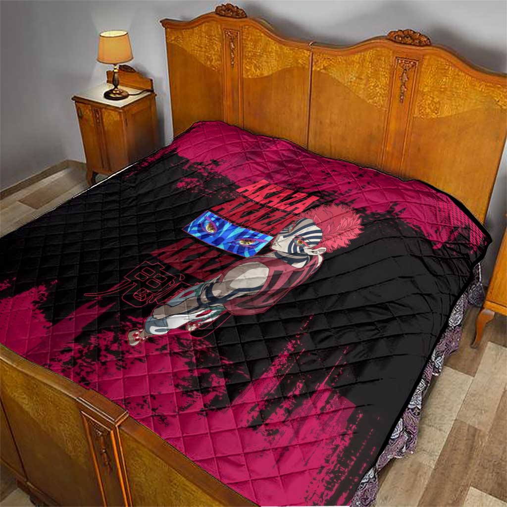 Akaza Demon Slayer Intense Eyes Design Quilt with Red and Black Grunge Aesthetic and Dynamic Pose - The Mazicc