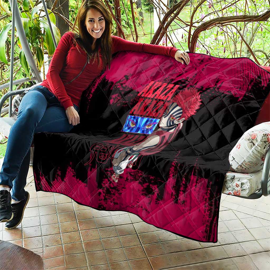 Akaza Demon Slayer Intense Eyes Design Quilt with Red and Black Grunge Aesthetic and Dynamic Pose - The Mazicc