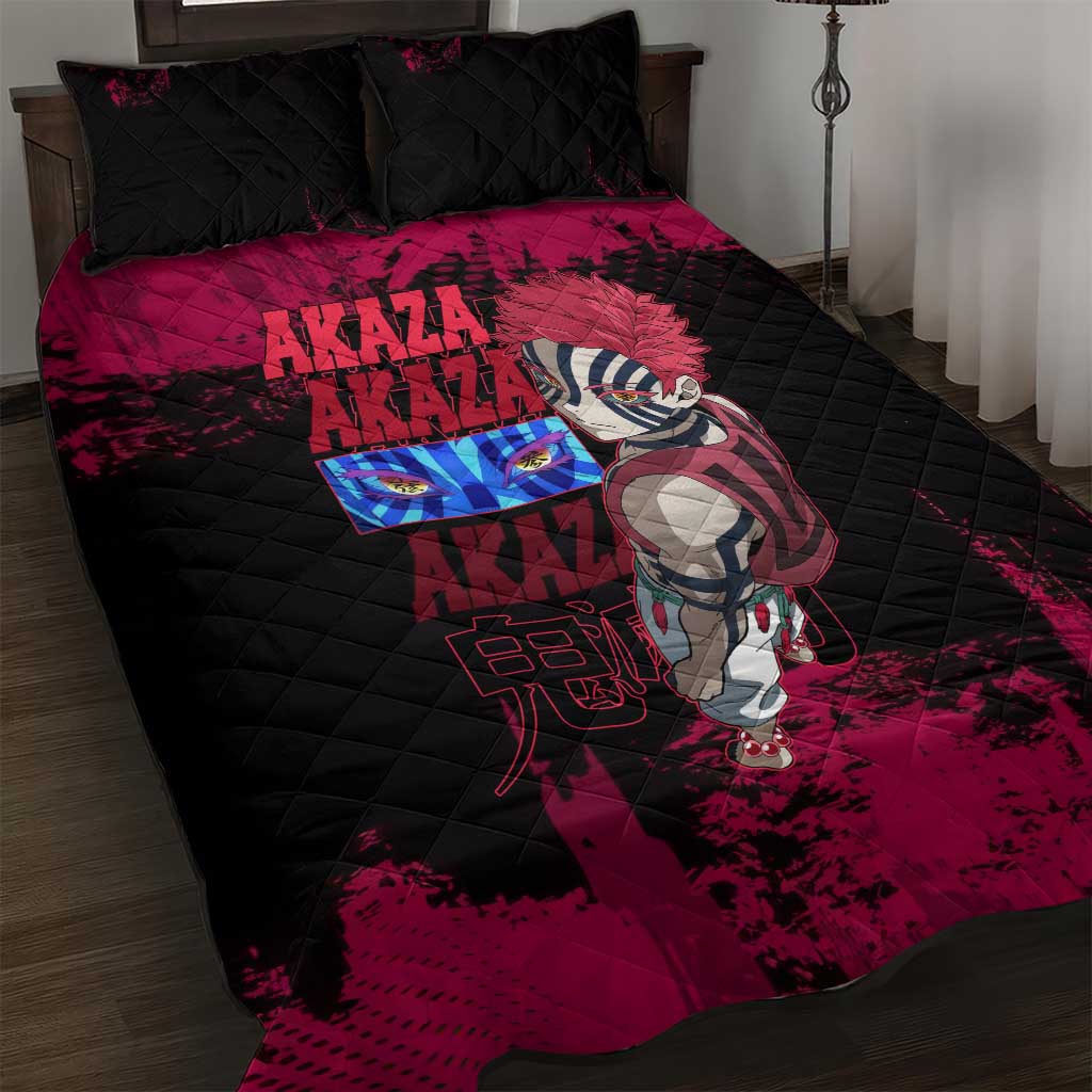 Akaza Demon Slayer Intense Eyes Design Quilt Bed Set with Red and Black Grunge Aesthetic and Dynamic Pose - The Mazicc