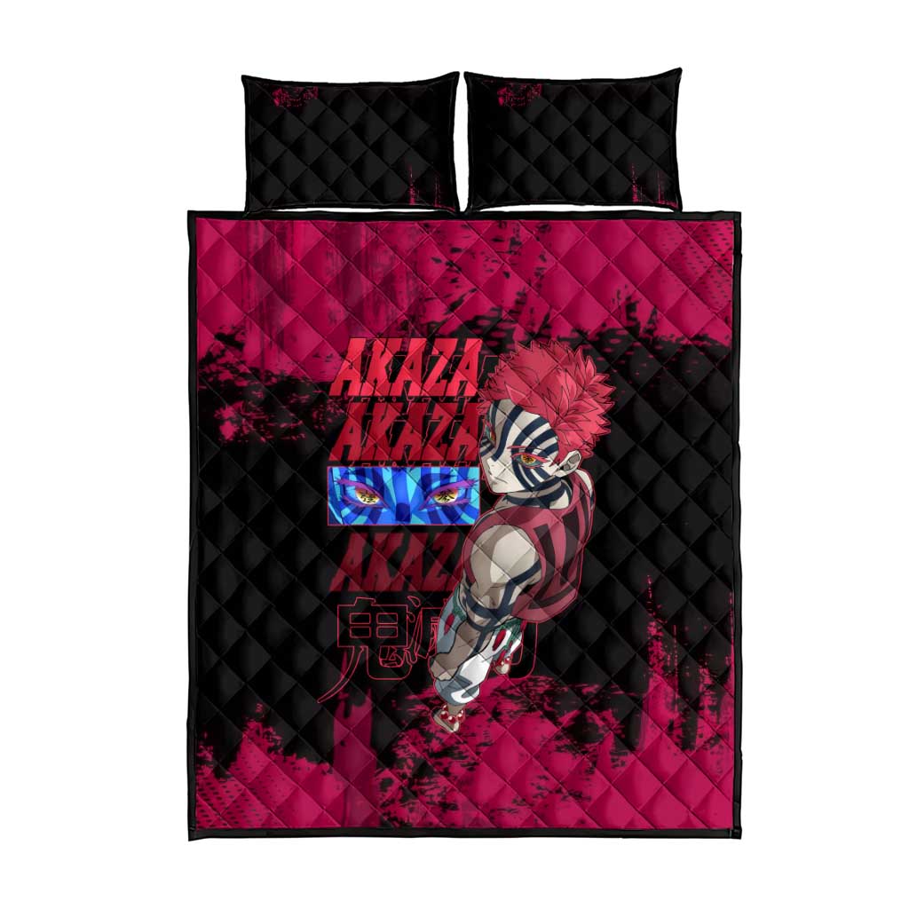 Akaza Demon Slayer Intense Eyes Design Quilt Bed Set with Red and Black Grunge Aesthetic and Dynamic Pose - The Mazicc