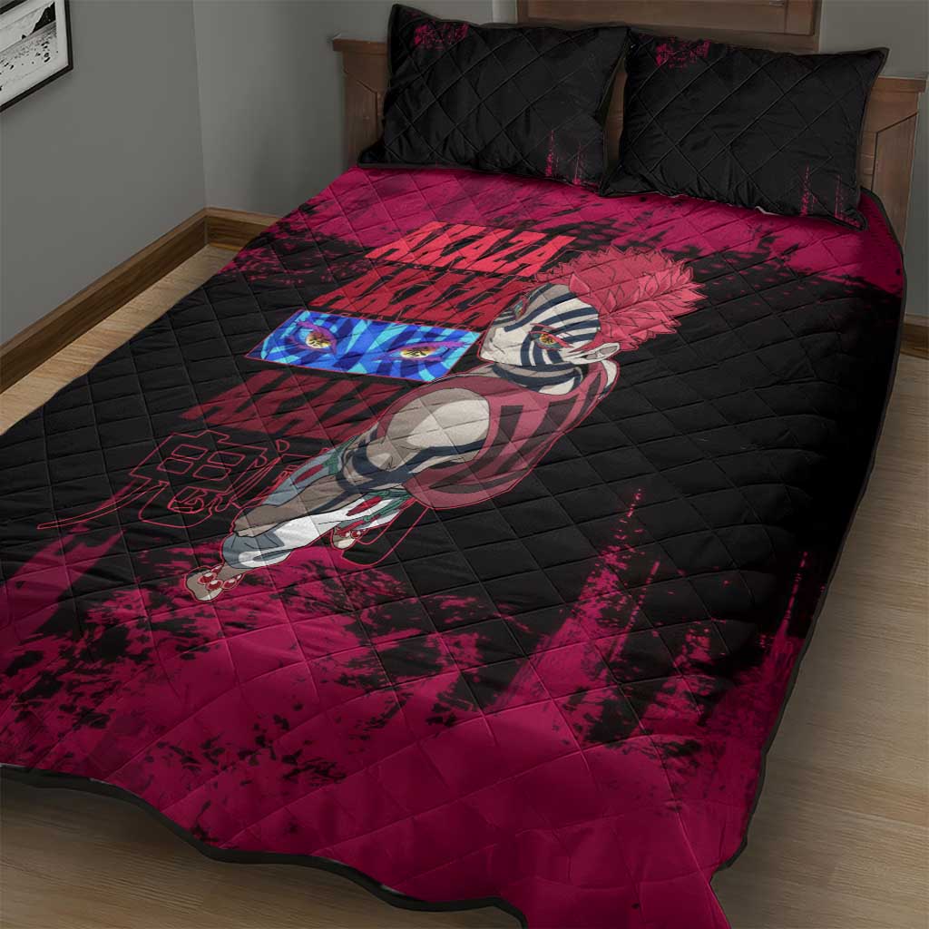 Akaza Demon Slayer Intense Eyes Design Quilt Bed Set with Red and Black Grunge Aesthetic and Dynamic Pose - The Mazicc