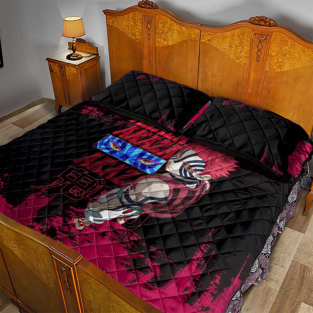 Akaza Demon Slayer Intense Eyes Design Quilt Bed Set with Red and Black Grunge Aesthetic and Dynamic Pose - The Mazicc