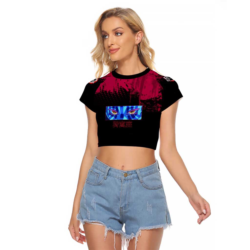 Akaza Demon Slayer Intense Eyes Design Raglan Cropped T Shirt with Red and Black Grunge Aesthetic and Dynamic Pose - The Mazicc
