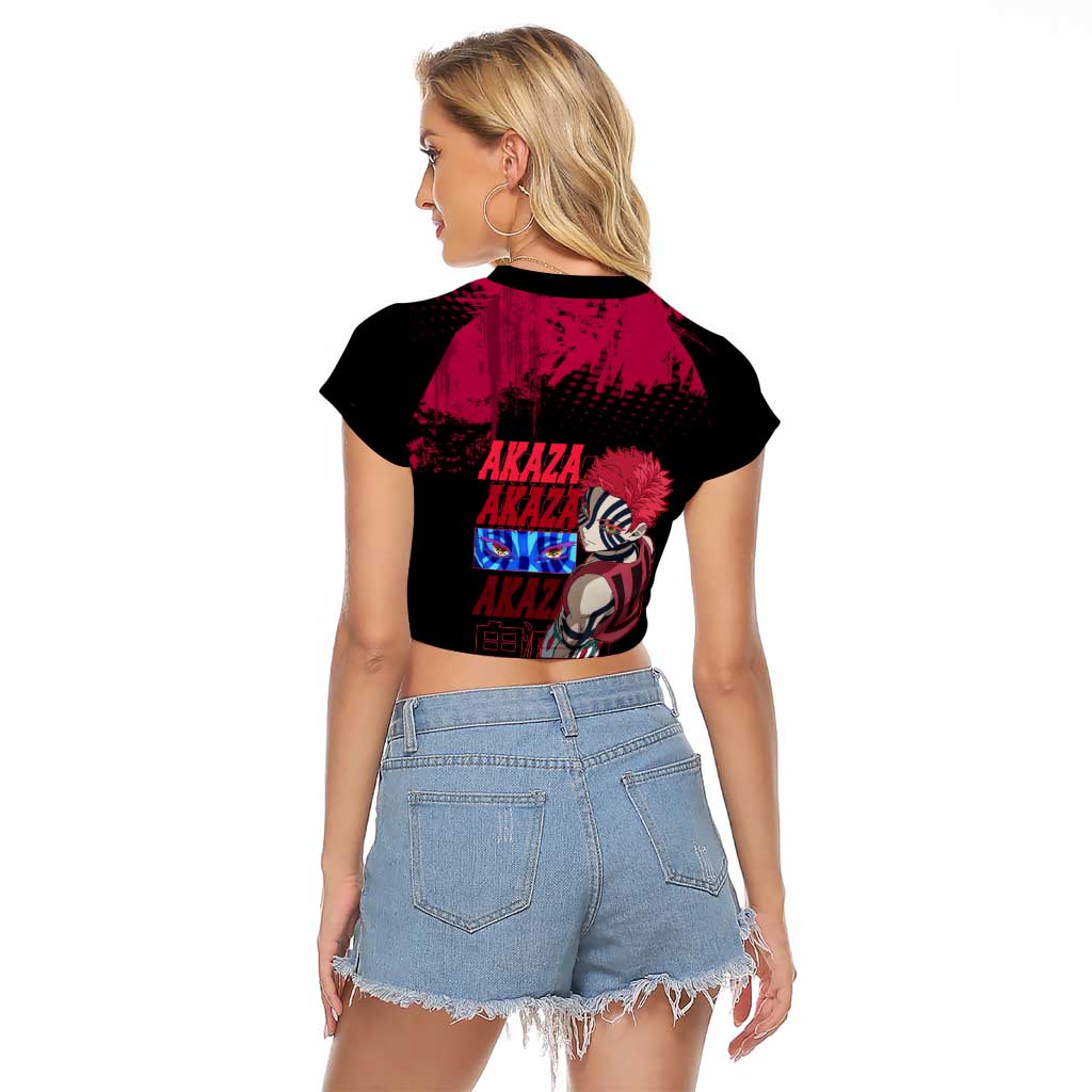Akaza Demon Slayer Intense Eyes Design Raglan Cropped T Shirt with Red and Black Grunge Aesthetic and Dynamic Pose - The Mazicc