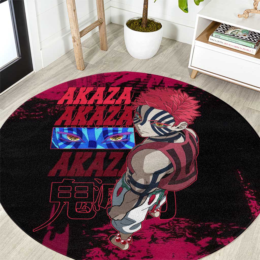 Akaza Demon Slayer Intense Eyes Design Round Carpet with Red and Black Grunge Aesthetic and Dynamic Pose - The Mazicc