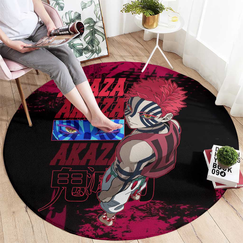 Akaza Demon Slayer Intense Eyes Design Round Carpet with Red and Black Grunge Aesthetic and Dynamic Pose - The Mazicc