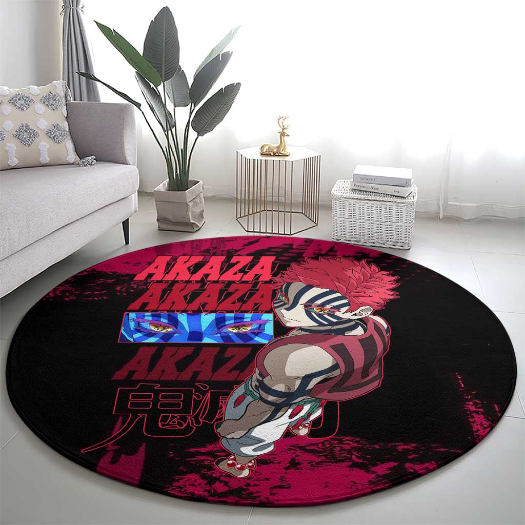Akaza Demon Slayer Intense Eyes Design Round Carpet with Red and Black Grunge Aesthetic and Dynamic Pose - The Mazicc