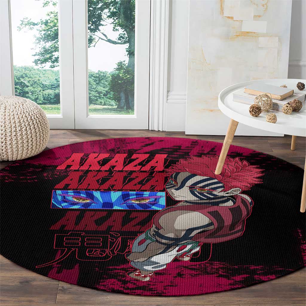 Akaza Demon Slayer Intense Eyes Design Round Carpet with Red and Black Grunge Aesthetic and Dynamic Pose - The Mazicc