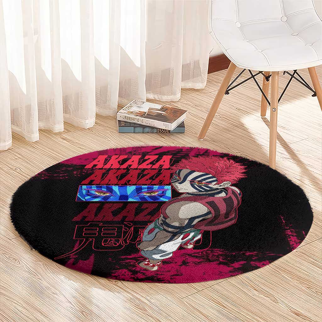 Akaza Demon Slayer Intense Eyes Design Round Carpet with Red and Black Grunge Aesthetic and Dynamic Pose - The Mazicc
