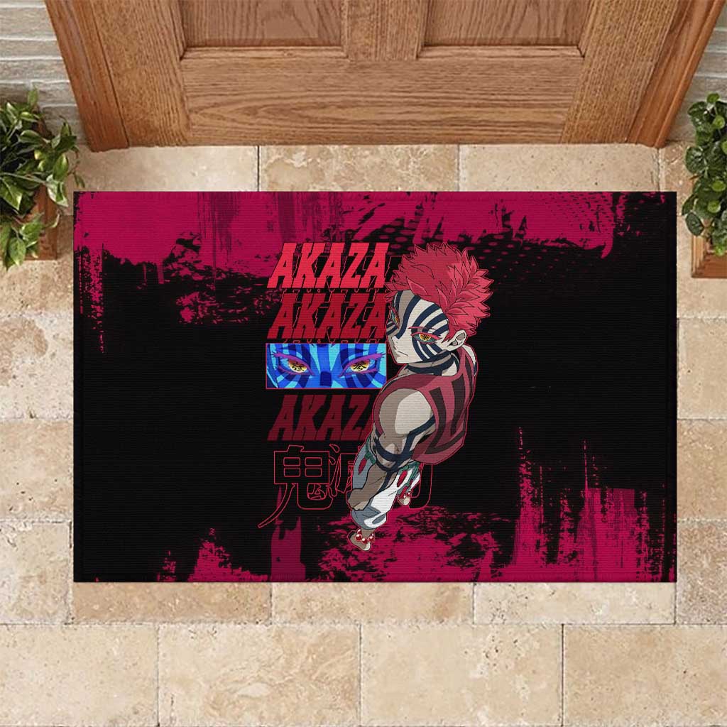 Akaza Demon Slayer Intense Eyes Design Rubber Doormat with Red and Black Grunge Aesthetic and Dynamic Pose - The Mazicc
